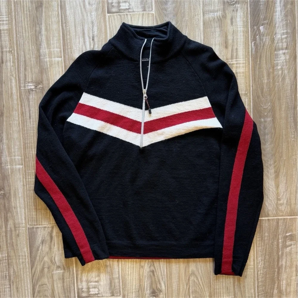 Eddie Bauer 100% Merino Wool Striped 1/2 Zip Mock Neck Sweater M Black Red White